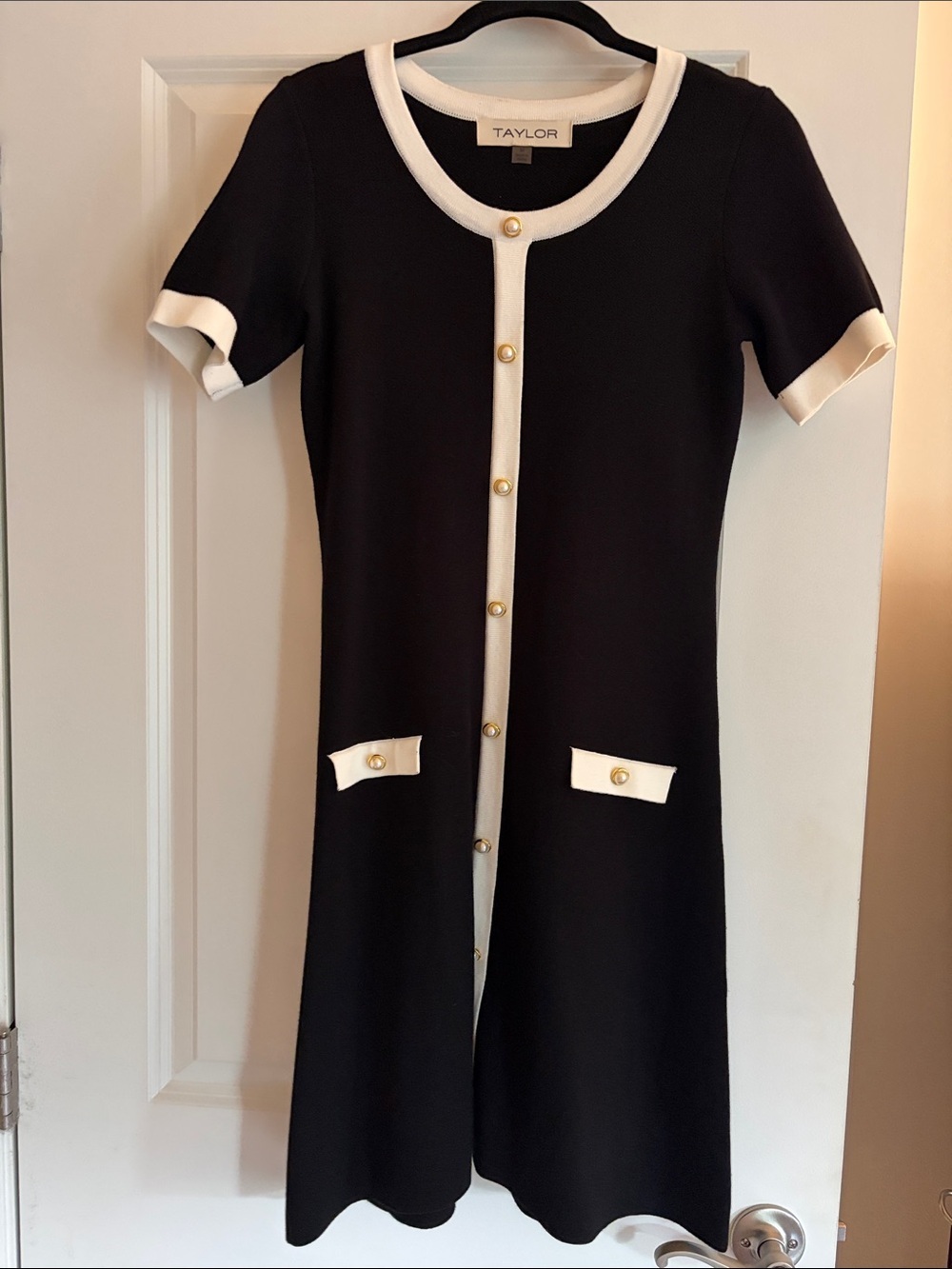 Taylor Black Midi Dress with White Trim and Gold Buttons